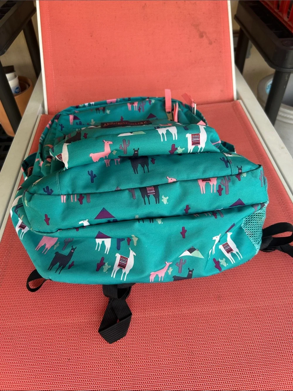 Jansport Teal Backpack with Pink & White Llama Print